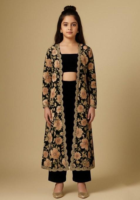Girls Black Velvet Floral Print Fusion Set