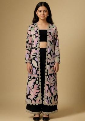 Girls Black Velvet Abstract Print Fusion Set