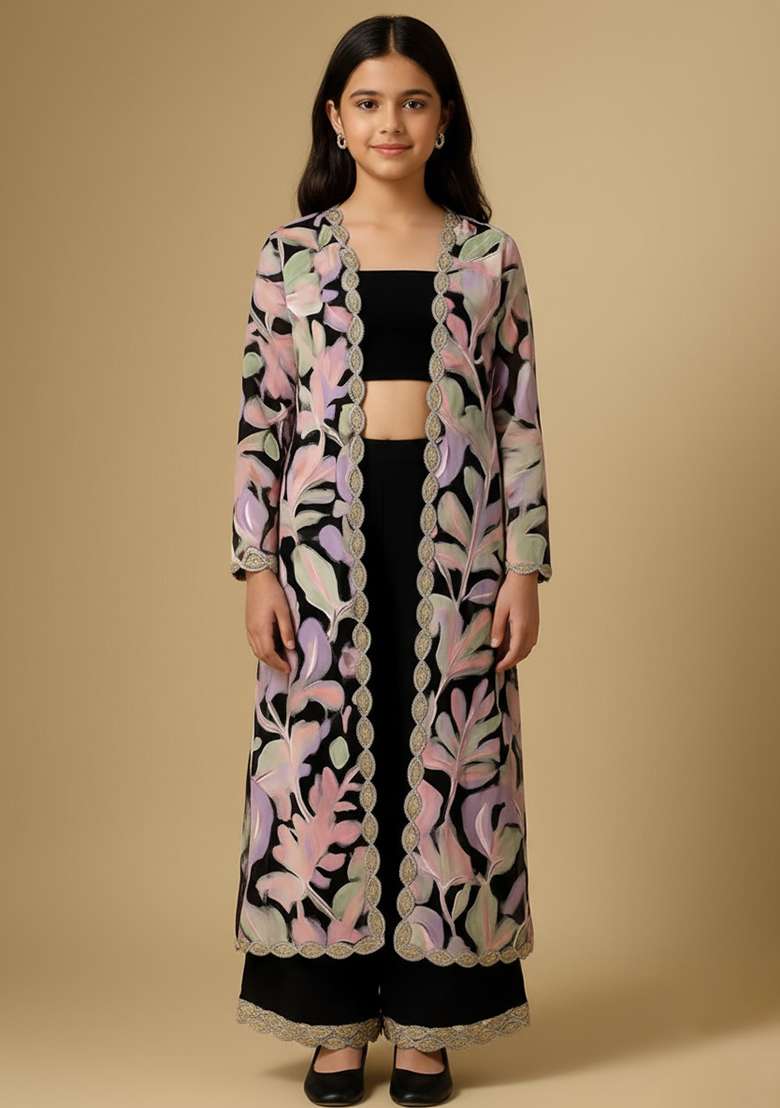 Girls Black Velvet Abstract Print Fusion Set - Indya
