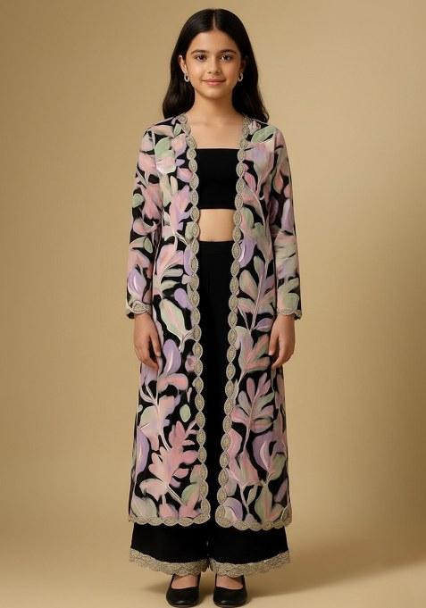 Girls Black Velvet Abstract Print Fusion Set