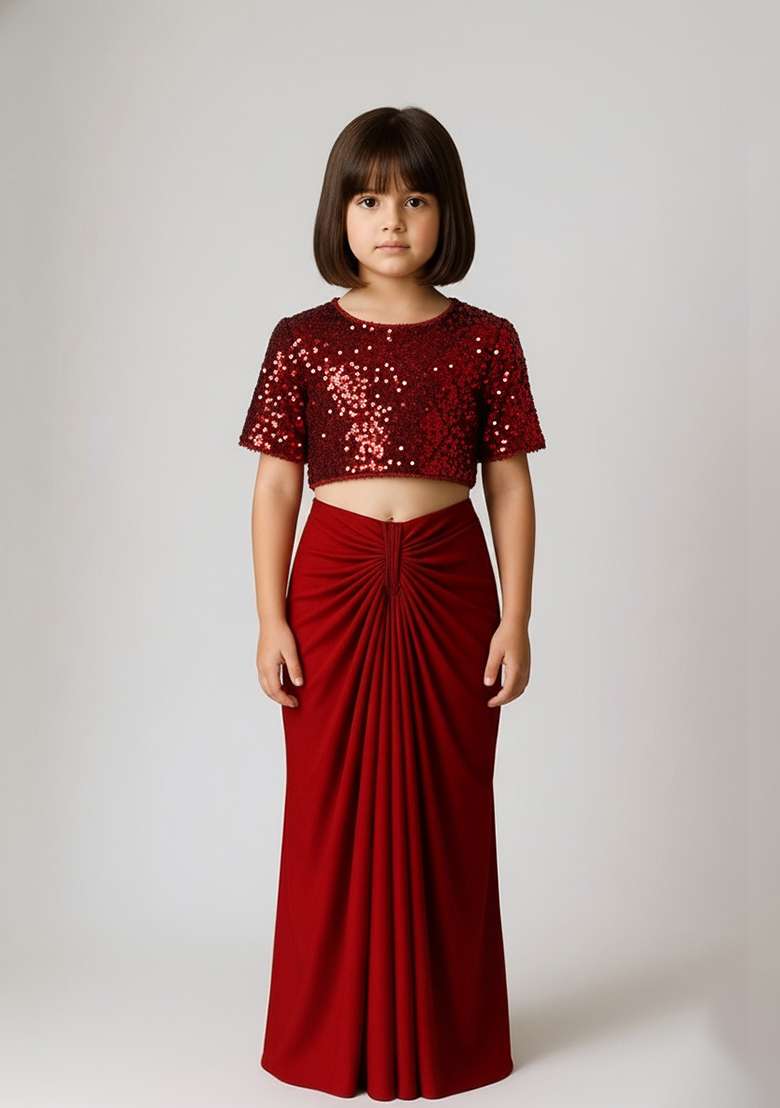 Girls Red Georgette Embroidered Fusion Set - Indya