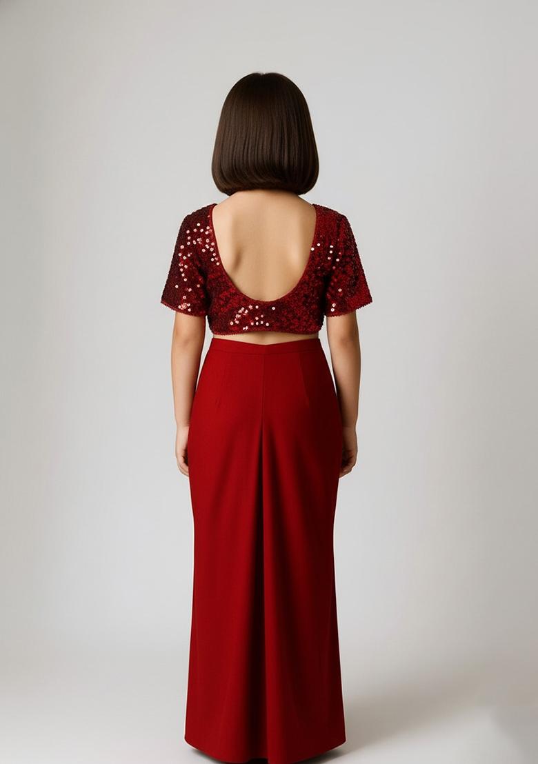 Girls Red Georgette Embroidered Fusion Set - Indya