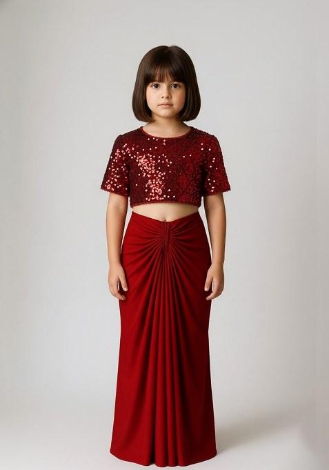 Girls Red Georgette Embroidered Fusion Set