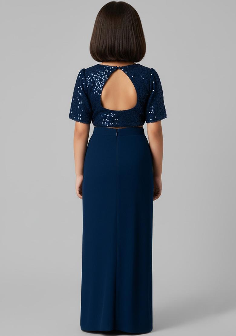 Girls Blue Georgette Sequin Blouse Fusion Set - Indya