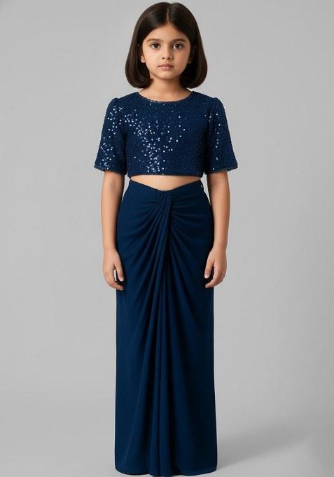 Girls Blue Georgette Sequin Blouse Fusion Set