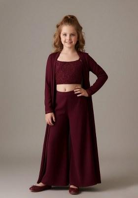 Girls Maroon Georgette Sequin Embroidered Blouse Fusion Set