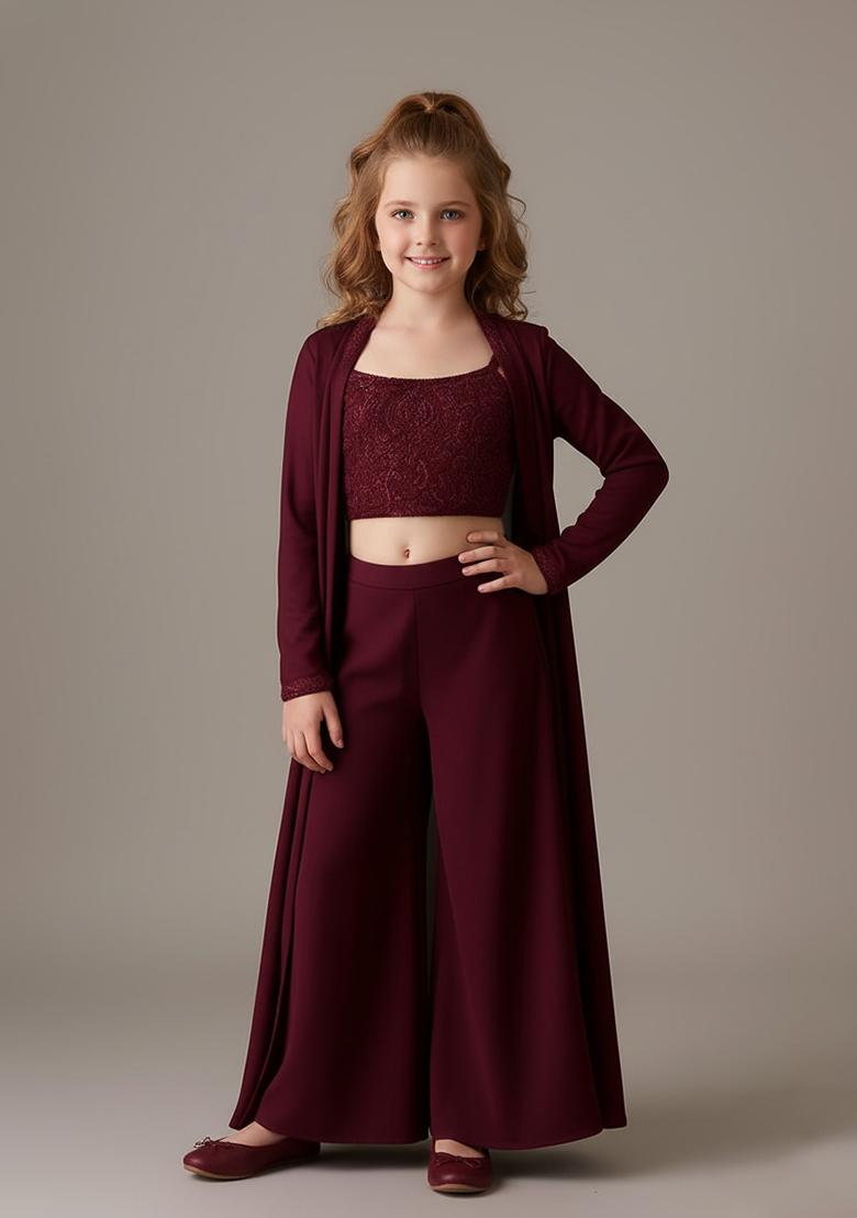 Girls Maroon Georgette Sequin Embroidered Blouse Fusion Set