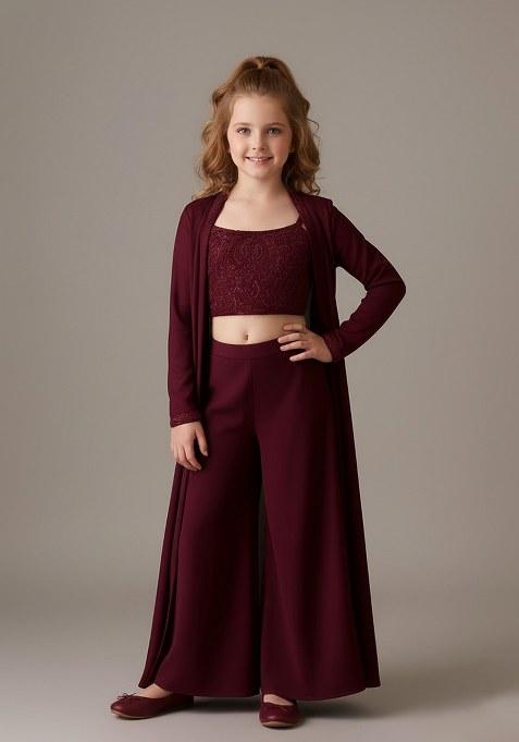 Girls Maroon Georgette Sequin Embroidered Blouse Fusion Set