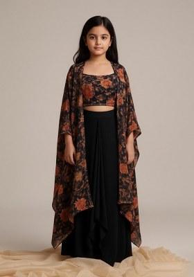 Girls Black Georgette Floral Printed Fusion Set