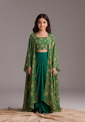 Girls Green Polyester Floral Printed Fusion Set
