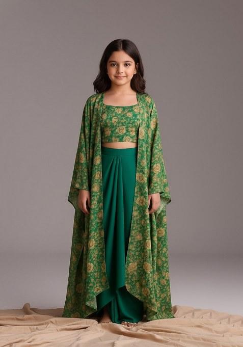 Girls Green Polyester Floral Printed Fusion Set