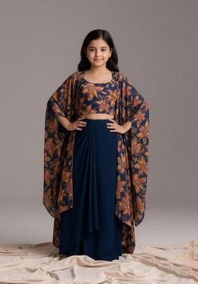 Girls Blue Silk Floral Printed Fusion Set