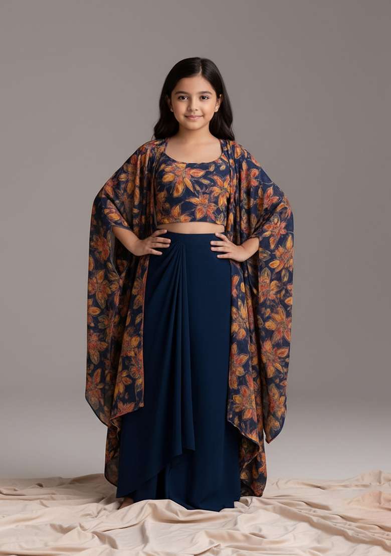 Girls Blue Silk Floral Printed Fusion Set - Indya