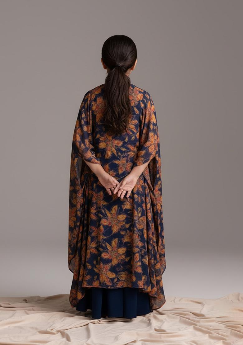 Girls Blue Silk Floral Printed Fusion Set - Indya