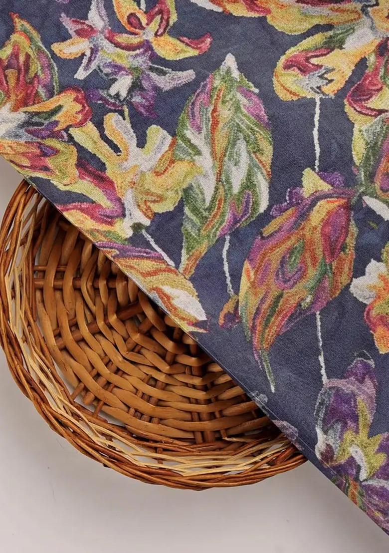 Girls Blue Silk Floral Printed Fusion Set - Indya