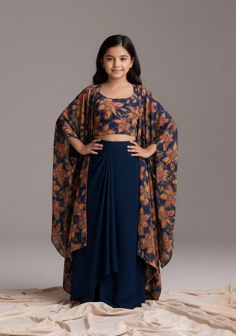 Girls Blue Silk Floral Printed Fusion Set