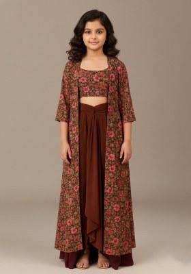 Girls Brown Crepe Floral Printed Fusion Set
