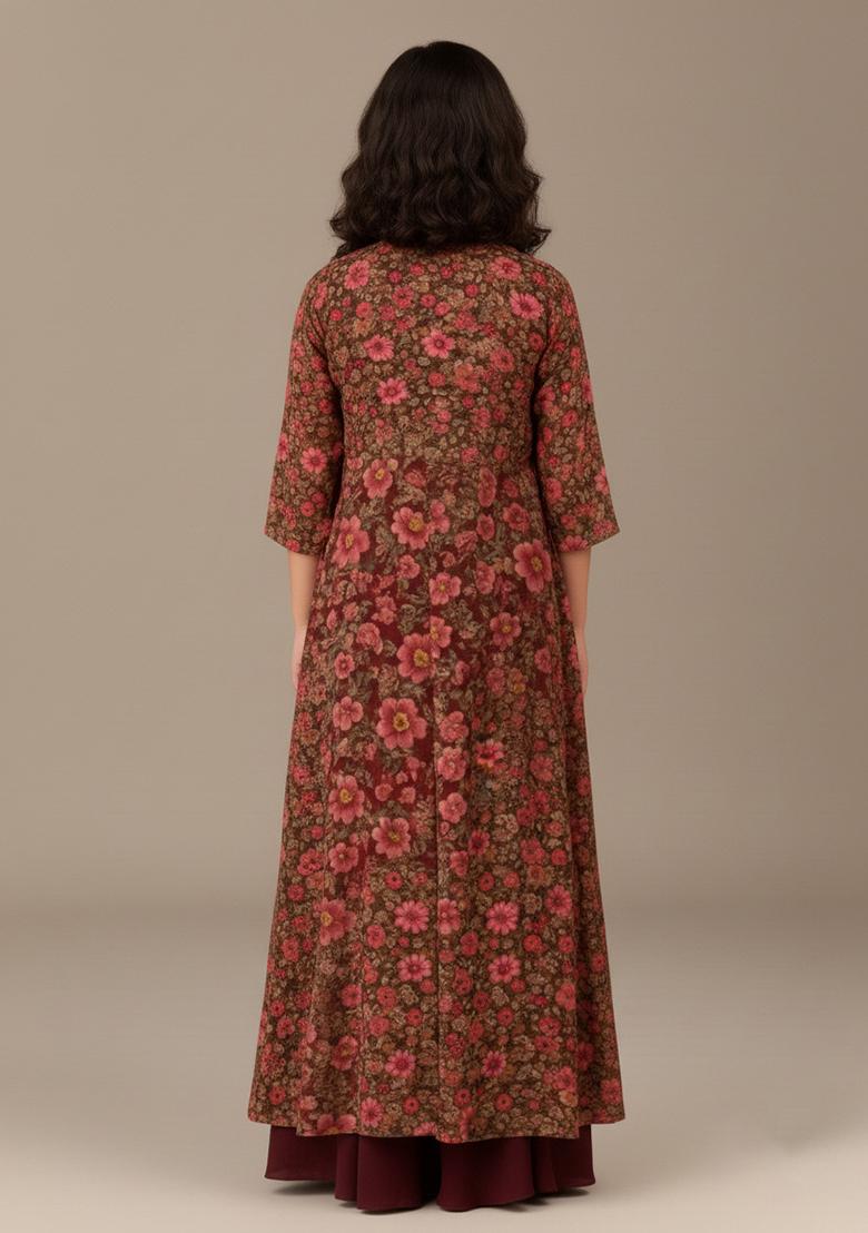 Girls Brown Crepe Floral Printed Fusion Set - Indya