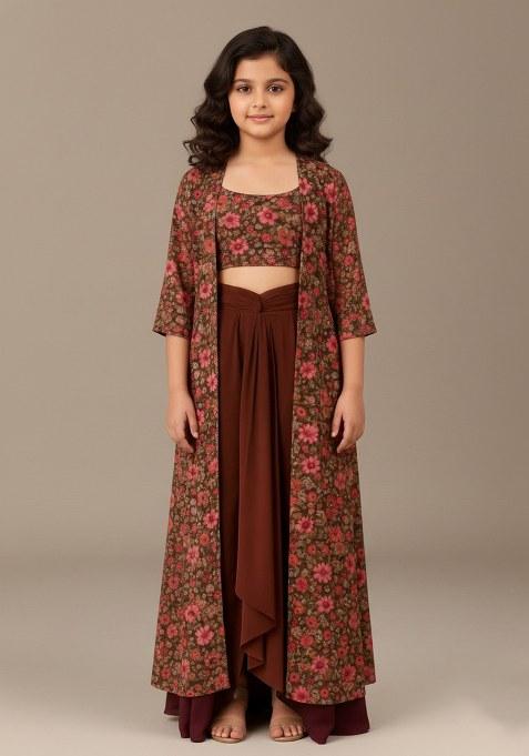 Girls Brown Crepe Floral Printed Fusion Set