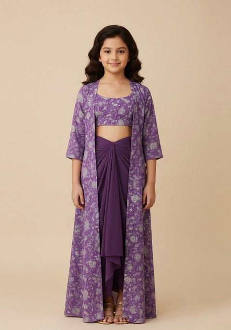 Girls Purple Crepe Floral Printed Fusion Set