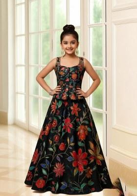 Girls Black Organza Embroidered Lehenga Set