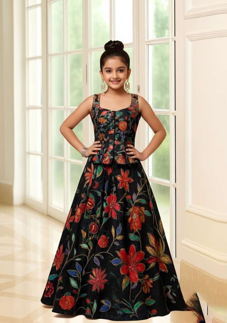 Girls Black Organza Embroidered Lehenga Set - Indya