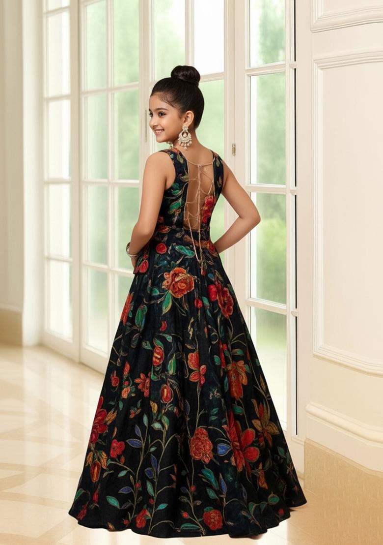 Girls Black Organza Embroidered Lehenga Set - Indya