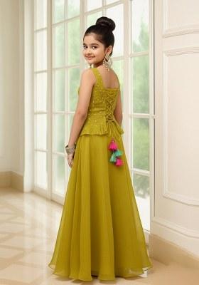 Girls Light Green Georgette Embellished Blouse Lehenga Set