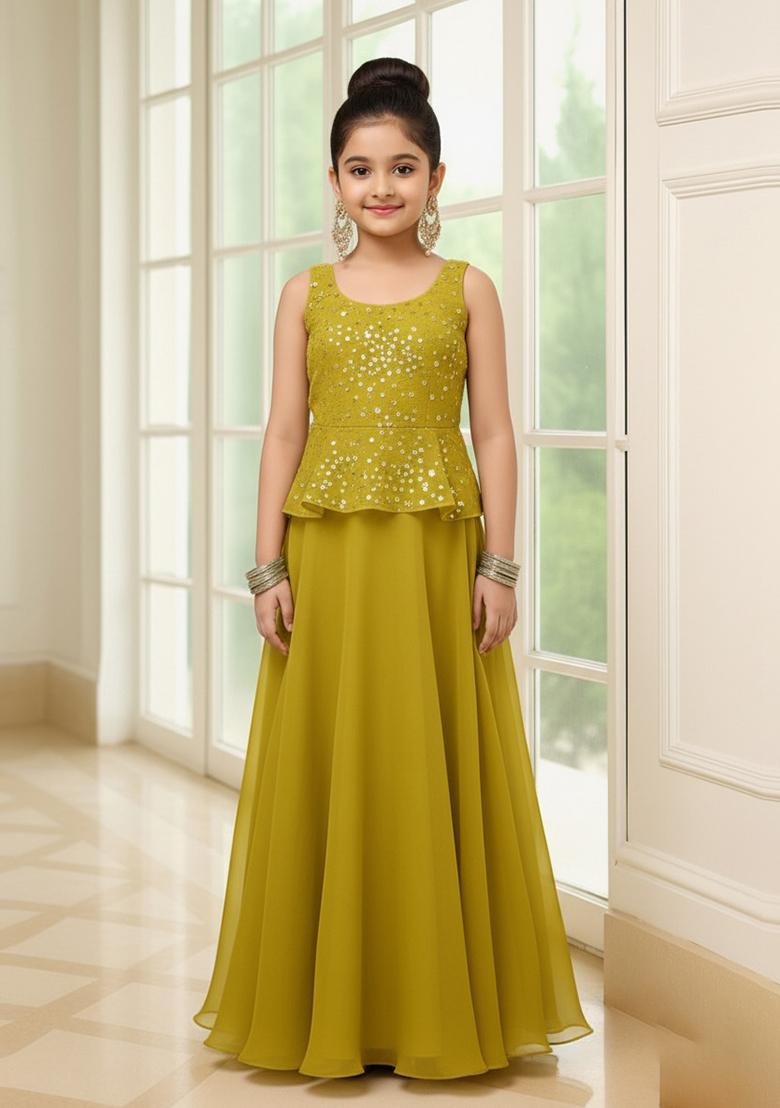 Girls Light Green Georgette Embellished Blouse Lehenga Set