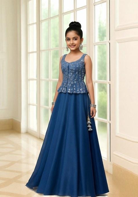 Girls Blue Georgette Embellished Blouse Lehenga Set