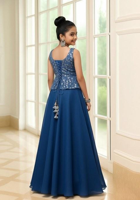 Girls Blue Georgette Embellished Blouse Lehenga Set