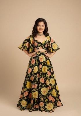 Girls Black Crepe Floral Printed Lehenga Set