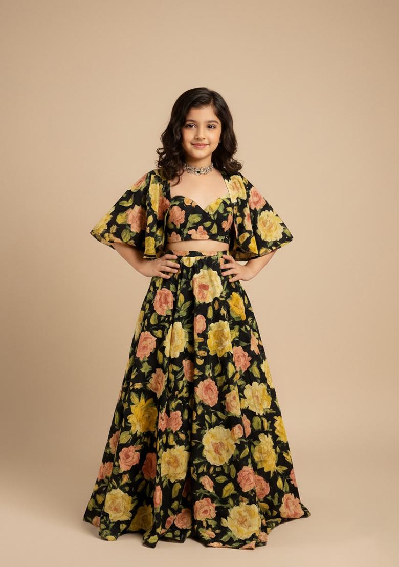 Girls Black Crepe Floral Printed Lehenga Set