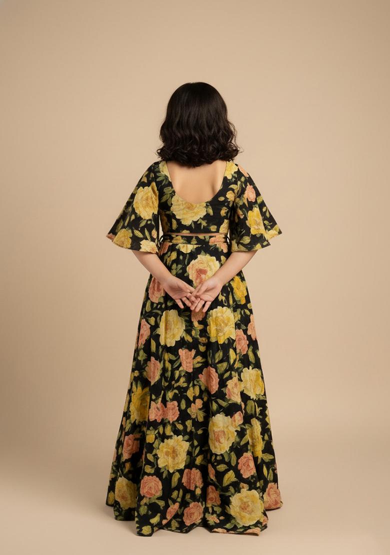 Girls Black Crepe Floral Printed Lehenga Set