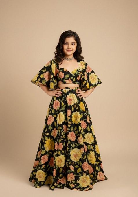 Girls Black Crepe Floral Printed Lehenga Set