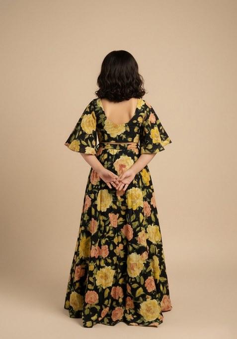 Girls Black Crepe Floral Printed Lehenga Set