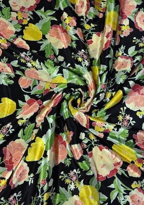 Girls Black Crepe Floral Printed Lehenga Set