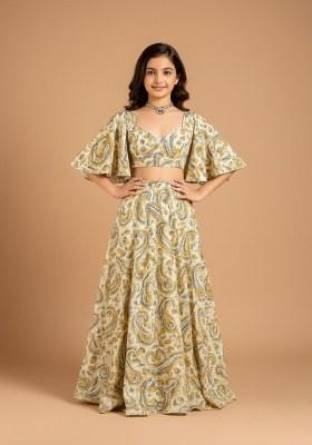 Girls Yellow Crepe Paisley Printed Lehenga Set