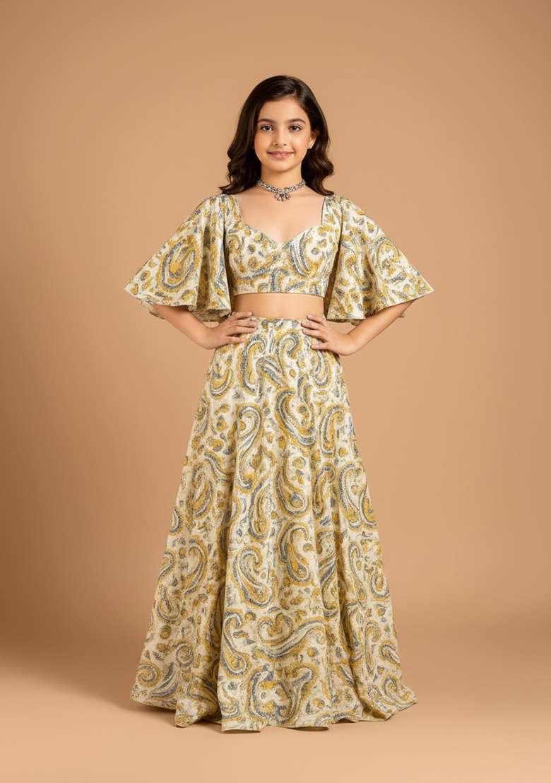 Girls Yellow Crepe Paisley Printed Lehenga Set - Indya