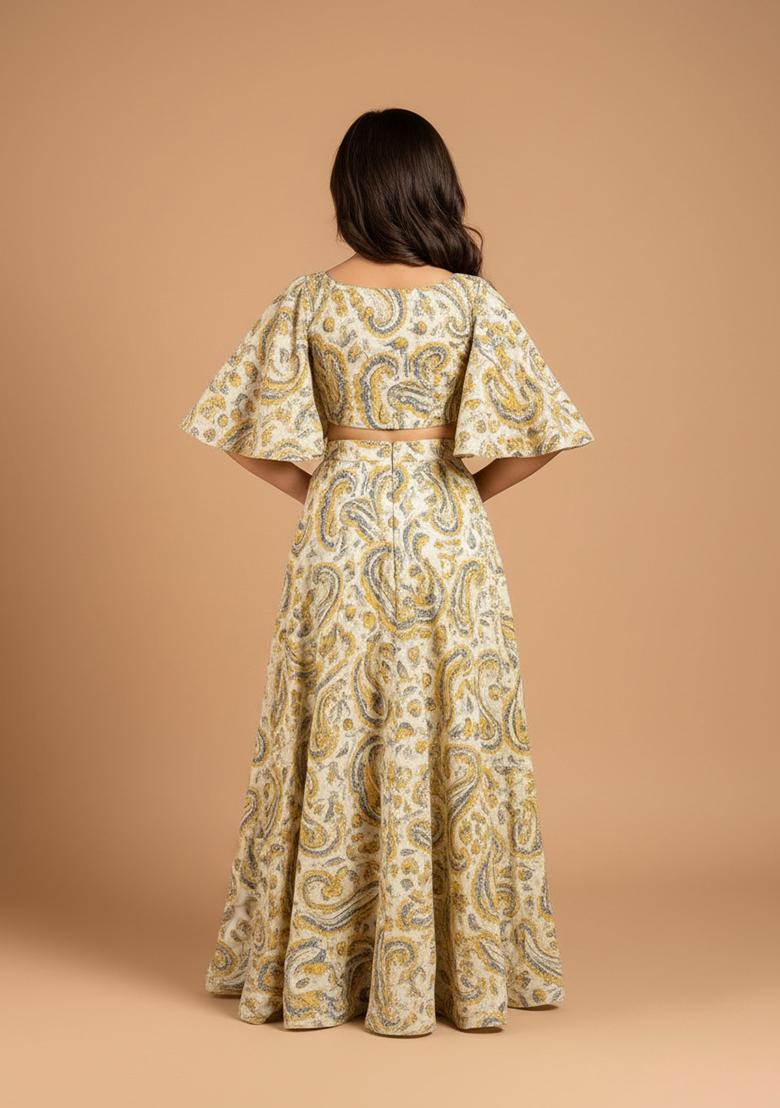 Girls Yellow Crepe Paisley Printed Lehenga Set - Indya