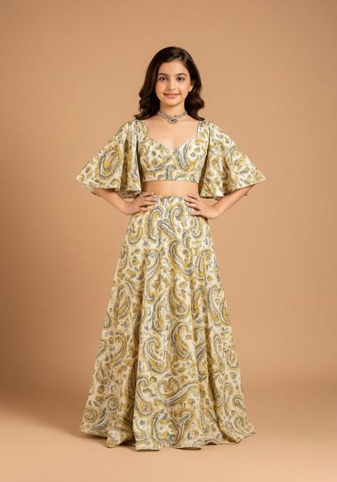 Girls Yellow Crepe Paisley Printed Lehenga Set