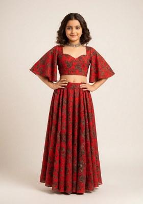 Girls Red Crepe Floral Printed Lehenga Set