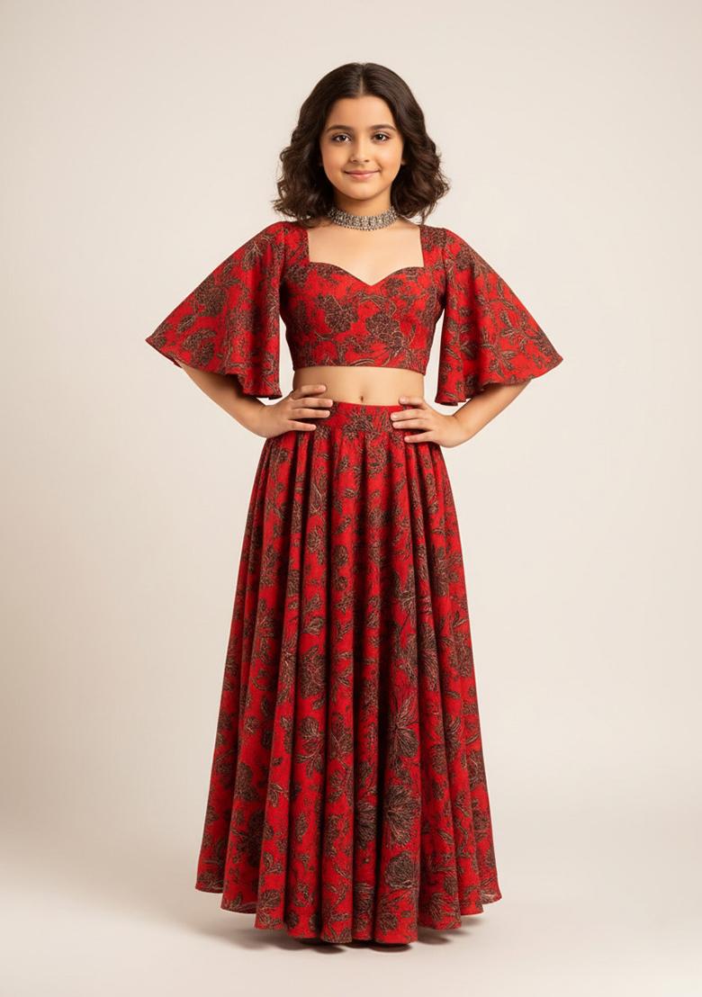 Girls Red Crepe Floral Printed Lehenga Set