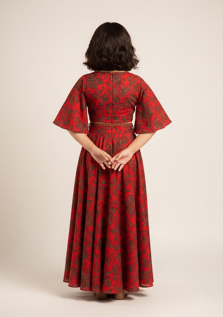 Girls Red Crepe Floral Printed Lehenga Set - Indya