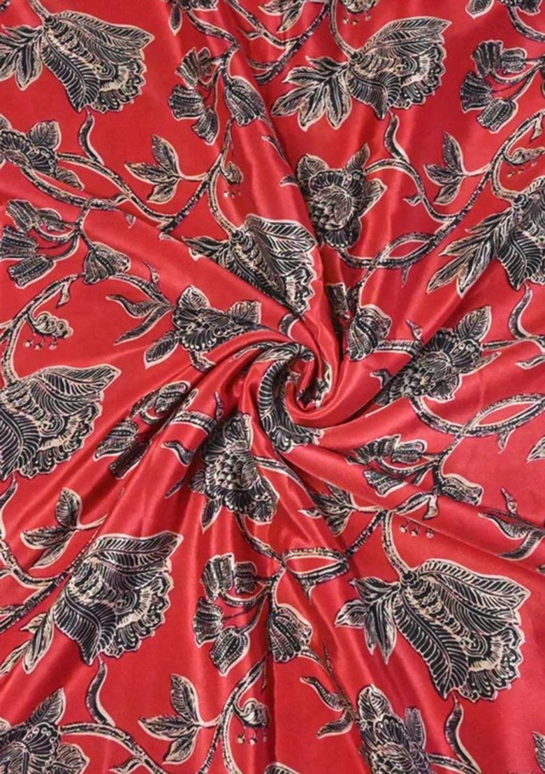 Girls Red Crepe Floral Printed Lehenga Set