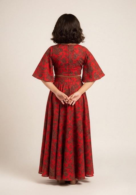 Girls Red Crepe Floral Printed Lehenga Set