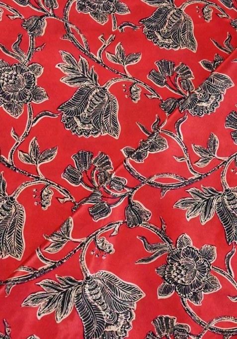 Girls Red Crepe Floral Printed Lehenga Set