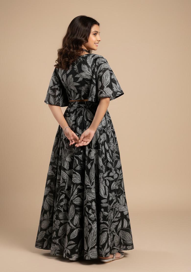 Girls Black Crepe Floral Printed Lehenga Set