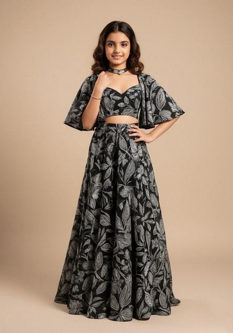 Girls Black Crepe Floral Printed Lehenga Set