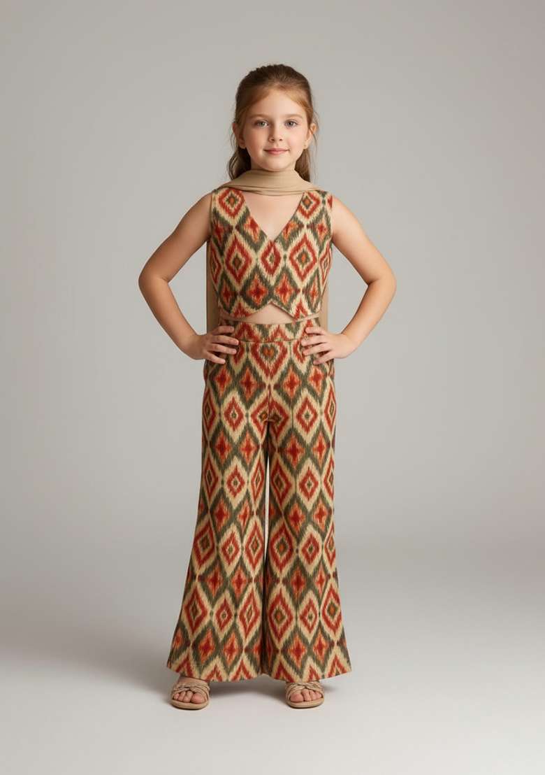 Girls Multicolor Rayon Ikat Printed Fusion Set - Indya
